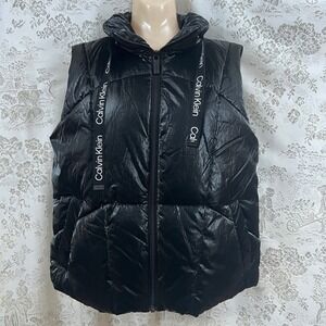 Calvin Klein Puffer Vest Gorpcore Black Full Zip Logo Tape Hooded Women's Size M